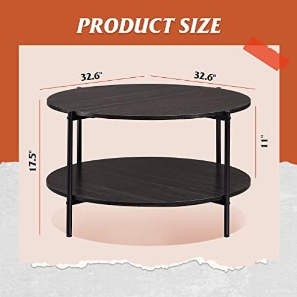 WLIVE Round Coffee Table, Living Room Table with 2-Tier Storage Shelf - Image 5