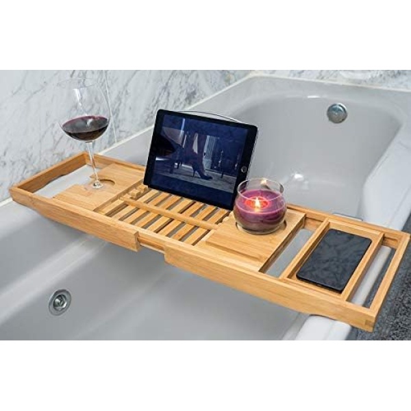 Utoplike Bathtub Caddy Tray, Bamboo Tub Tray with Sliding Towel Holder - Image 8