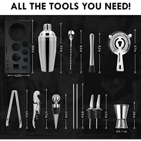 Mixology Bartender Kit with Stand | 15 Piece Bar Tool Set, Silver Bar Set - Image 5