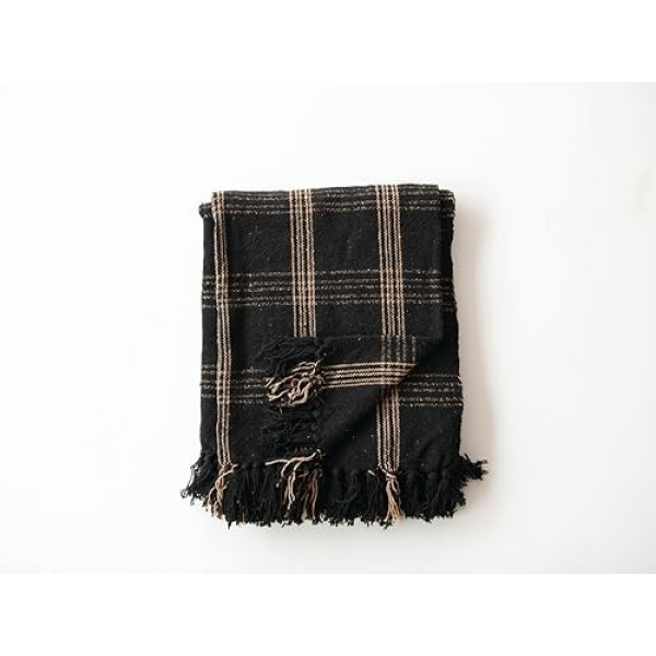 Creative Co-Op Plaid Black & Tan Fringed Woven Cotton Blend Throw - Image 4