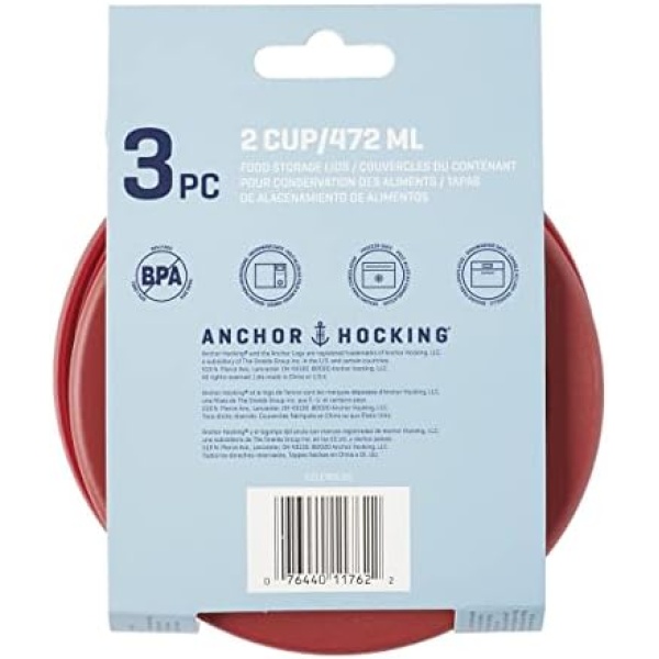 Anchor Hocking Classic Round Food Storage SnugFit Replacement Lids, Red, 2 Cup - Image 2