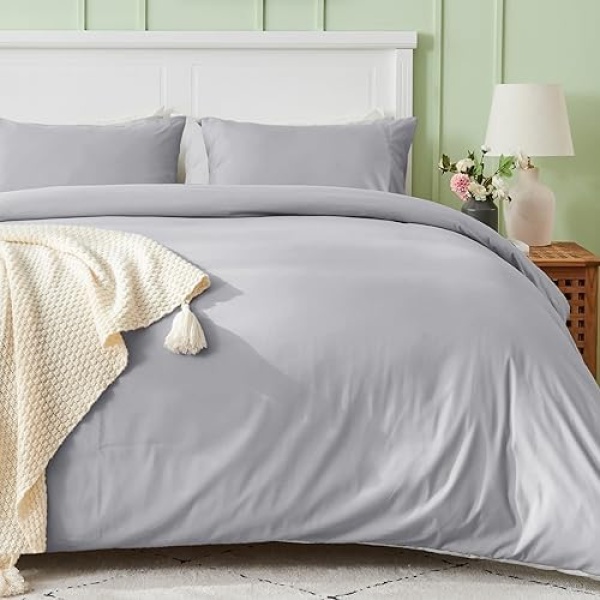 SASTTIE Duvet Cover Queen, Light Grey Queen Size Duvet Cover Set, Soft Duvet