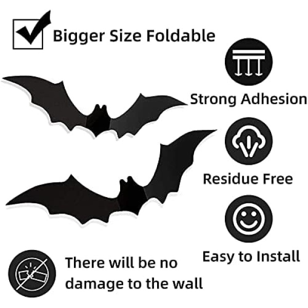 72Pcs Halloween Decoration 3D Bats Decorations, 4 Sizes Realistic PVC Scary Bats - Image 3