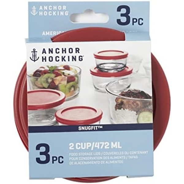 Anchor Hocking Classic Round Food Storage SnugFit Replacement Lids, Red, 2 Cup