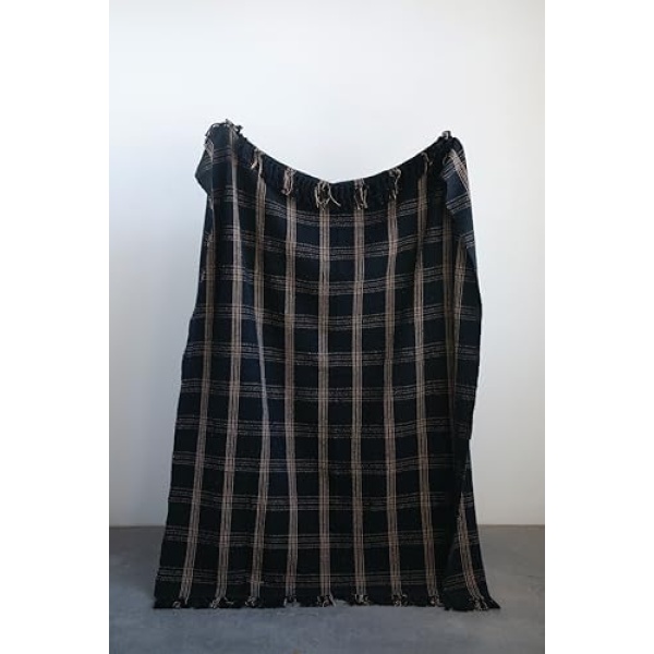 Creative Co-Op Plaid Black & Tan Fringed Woven Cotton Blend Throw - Image 2