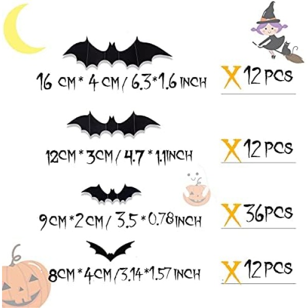 72Pcs Halloween Decoration 3D Bats Decorations, 4 Sizes Realistic PVC Scary Bats - Image 4