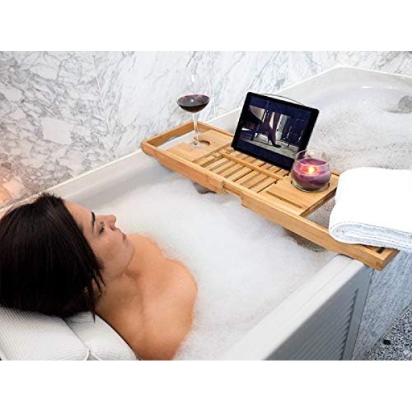 Utoplike Bathtub Caddy Tray, Bamboo Tub Tray with Sliding Towel Holder - Image 4