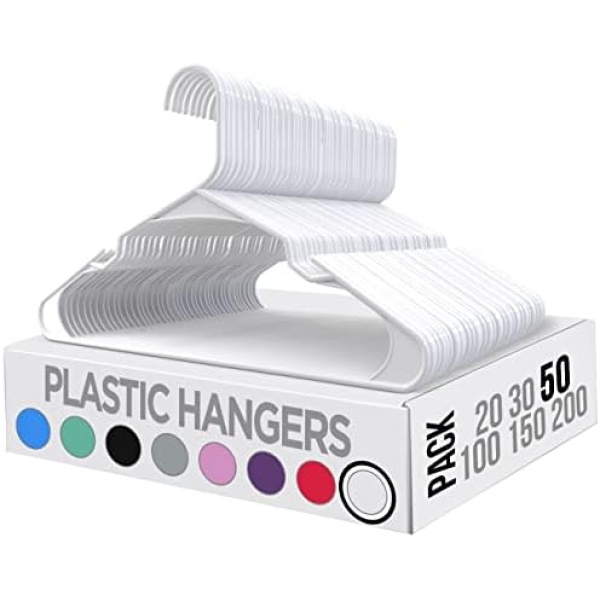 Utopia Home Pack of 50 White Plastic Hangers for Clothes - Space Saving Clothes