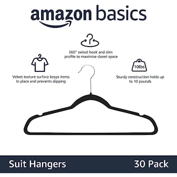 Amazon Basics Velvet Suit Hangers - 30-Pack, Black - Image 2