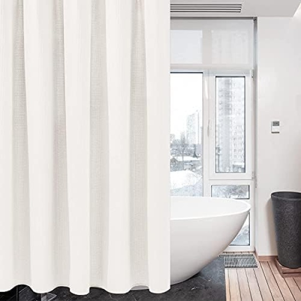 Waffle Weave Shower Curtain with Stainless Steel Hooks - 256 GSM Heavy Duty - Image 2