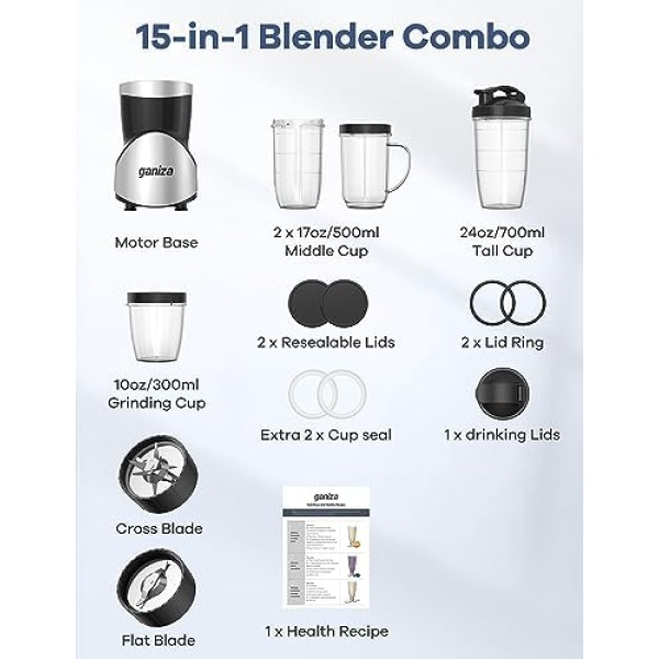 Smoothie Blender, Ganiza Blenders for Smoothies with 15-Piece Blender and - Image 6