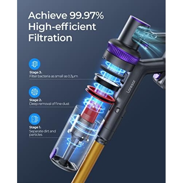 Laresar Cordless Vacuum Cleaner, 33KPa 400W Powerful Stick Vacuum, Touch Screen, - Image 4
