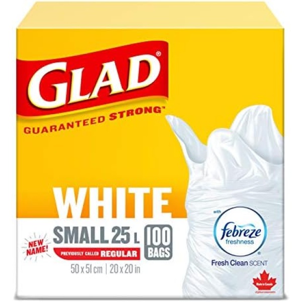 Glad White Garbage Bags - Small 25 Litres - Febreze Fresh Clean Scent, 100 Trash