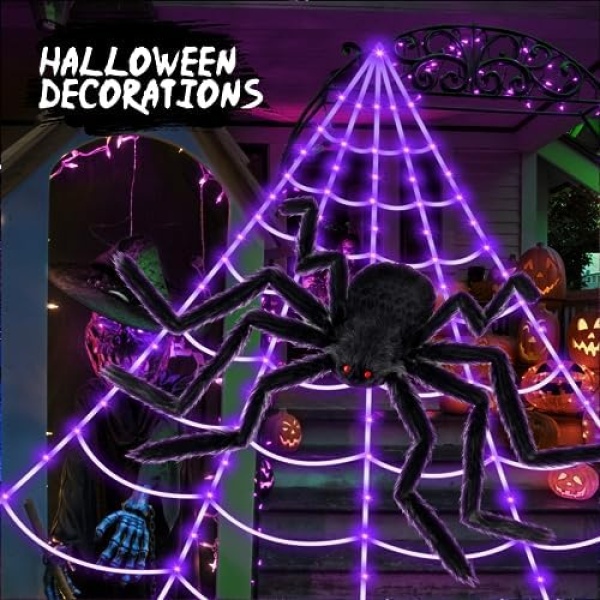Brighter Spider Webs Halloween Decorations Lights,250 Purple LED Light Up - Image 4