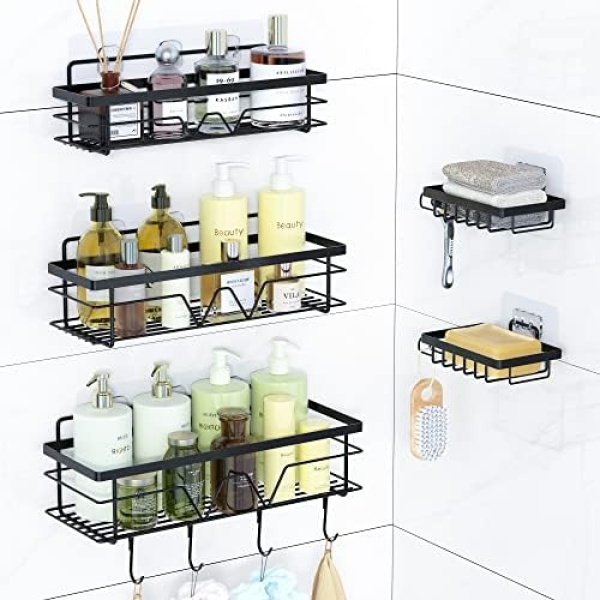 Vtopmart 5 Pack Shower Caddy Shelves Organizer with 4 Hooks, Self Adhesive Rack