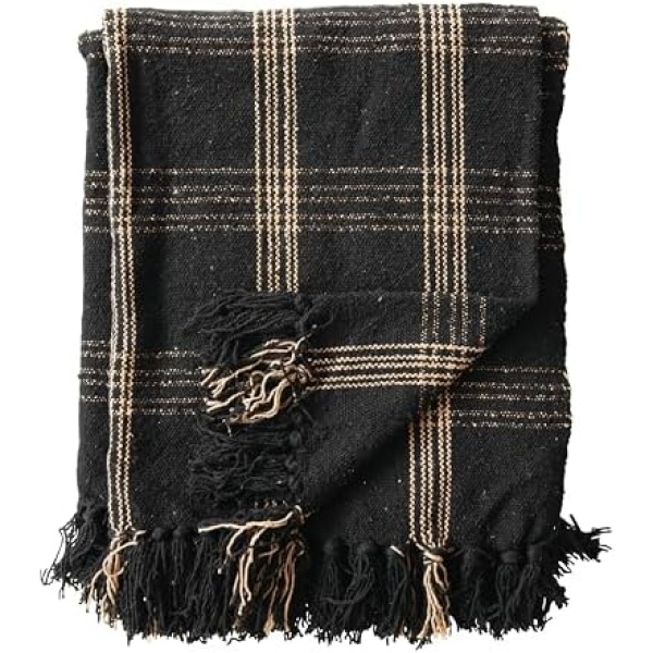 Creative Co-Op Plaid Black & Tan Fringed Woven Cotton Blend Throw - Image 3