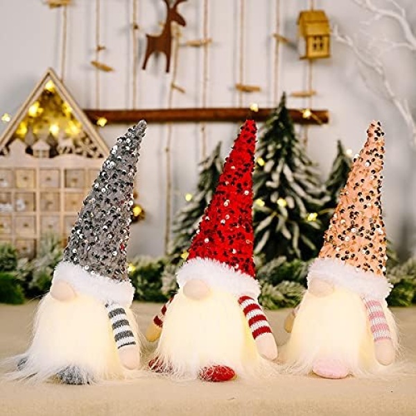 WDDH 3Pcs Sequin Christmas Gnomes Plush with Light, 11.8inch Handmade Swedish - Image 2