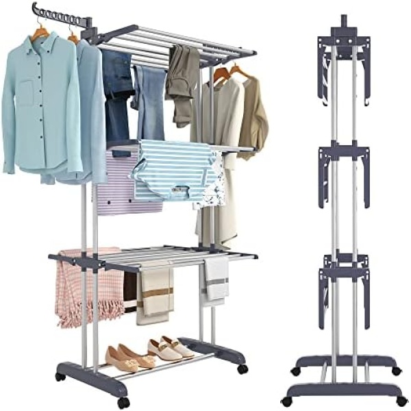 4-Tier Clothes Drying Rack,Foldable Clothes Hanger Adjustable Large Stainless