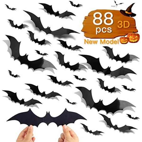 88 Pcs DIY 3D Bats Halloween Decoration, 4 Different Sizes PVC Bat Stickers