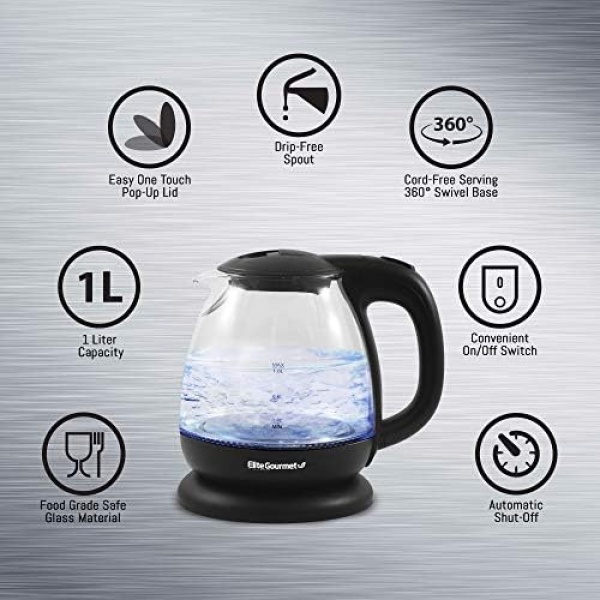 Elite Gourmet EKT1001B Electric BPA-Free Glass Kettle, Cordless 360° Base - Image 3