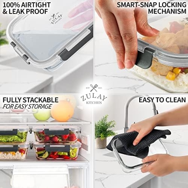 Zulay Kitchen 5 Pack Leak-Proof Glass Food Storage Containers - 36 oz Thick - Image 3