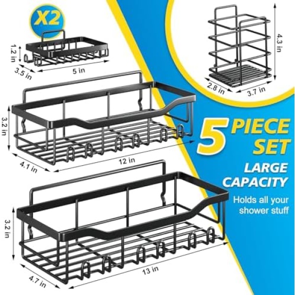 Coraje Adhesive Shower Caddy, 5-Pack Shower Shelves, Large Capacity Load Bearing - Image 2