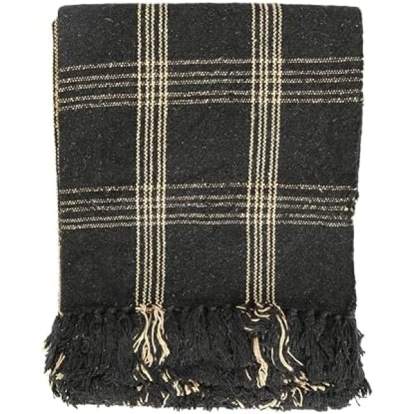 Creative Co-Op Plaid Black & Tan Fringed Woven Cotton Blend Throw