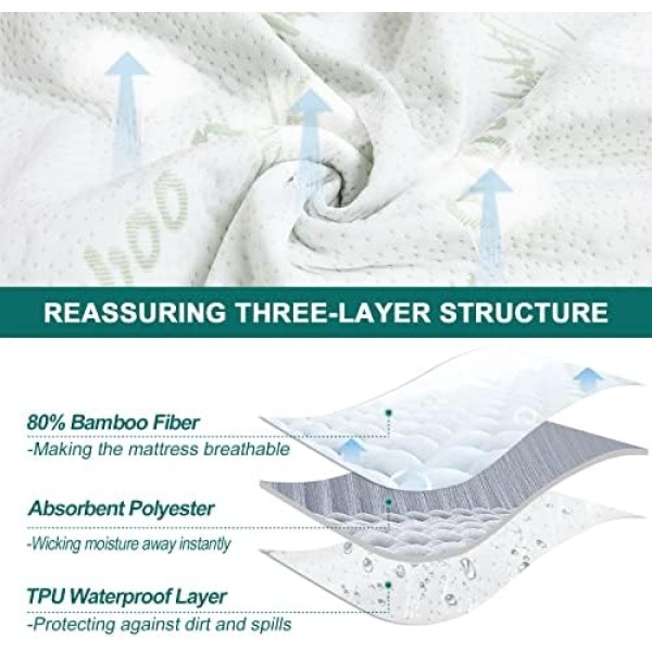 Sasttie Waterproof Mattress Protector Queen, Cooling Bamboo Mattress Cover - Image 3