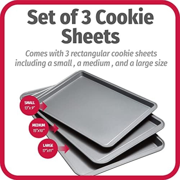 GoodCook Nonstick Steel 3-Piece Cookie Sheet Set, Gray, Small, Medium, Large - Image 2