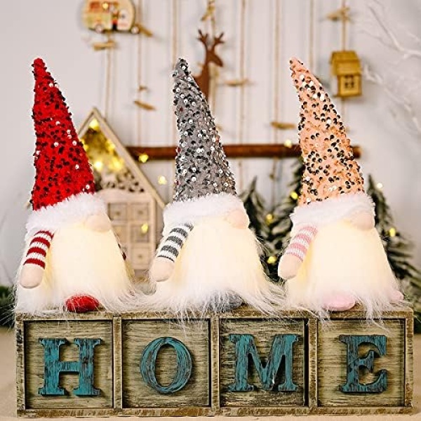WDDH 3Pcs Sequin Christmas Gnomes Plush with Light, 11.8inch Handmade Swedish - Image 3
