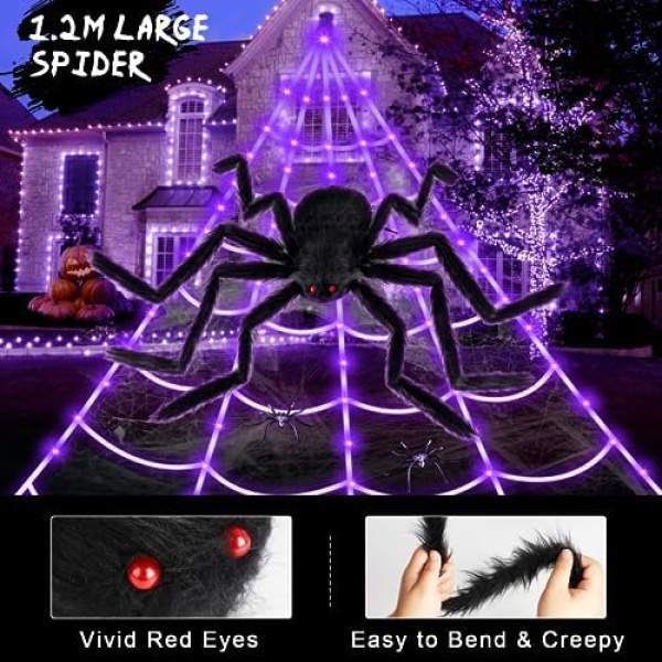 Brighter Spider Webs Halloween Decorations Lights,250 Purple LED Light Up - Image 2