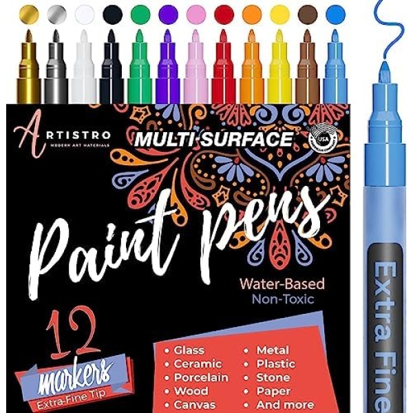 Paint Pens for Rock Painting, Stone, Ceramic, Glass, Wood. Set of 12 Acrylic