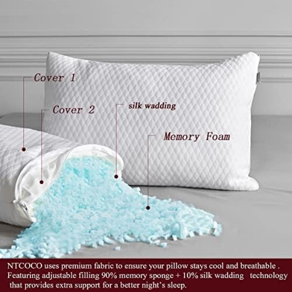 NTCOCO 2 Pillows, Shredded Memory Foam Bed Pillows for Sleeping, with Washable - Image 4