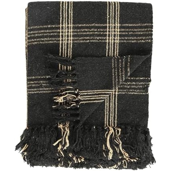 Creative Co-Op Plaid Black & Tan Fringed Woven Cotton Blend Throw - Image 5