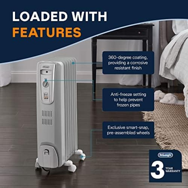 De'Longhi Oil-Filled Radiator Space Heater, Full Room Quiet 1500W, Adjustable - Image 4