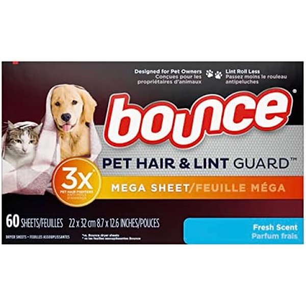 Bounce Dryer Sheets, Pet Hair and Lint Guard, Mega Size, Fresh Scent, 60 Count