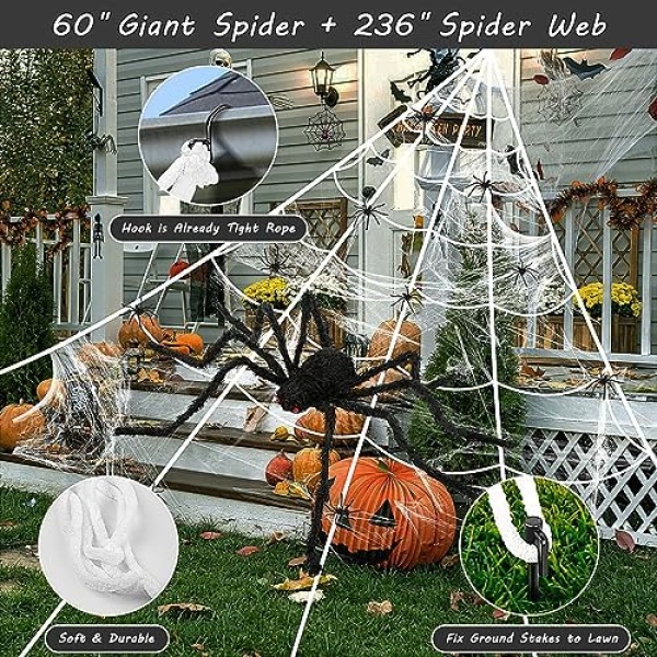 Spider Web Halloween Decoration, 236" Spider Web+ 60" Giant Spider Decorations - Image 2