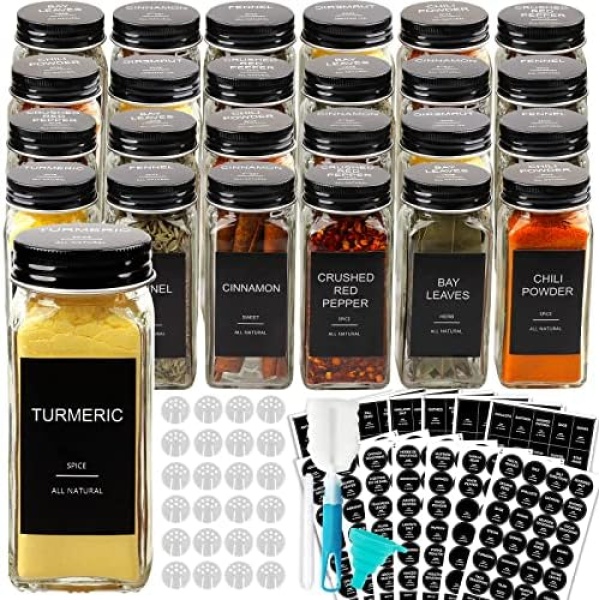 AISIPRIN 24 Pcs Glass Spice Jars with 398 Labels, 4oz Empty Square Containers